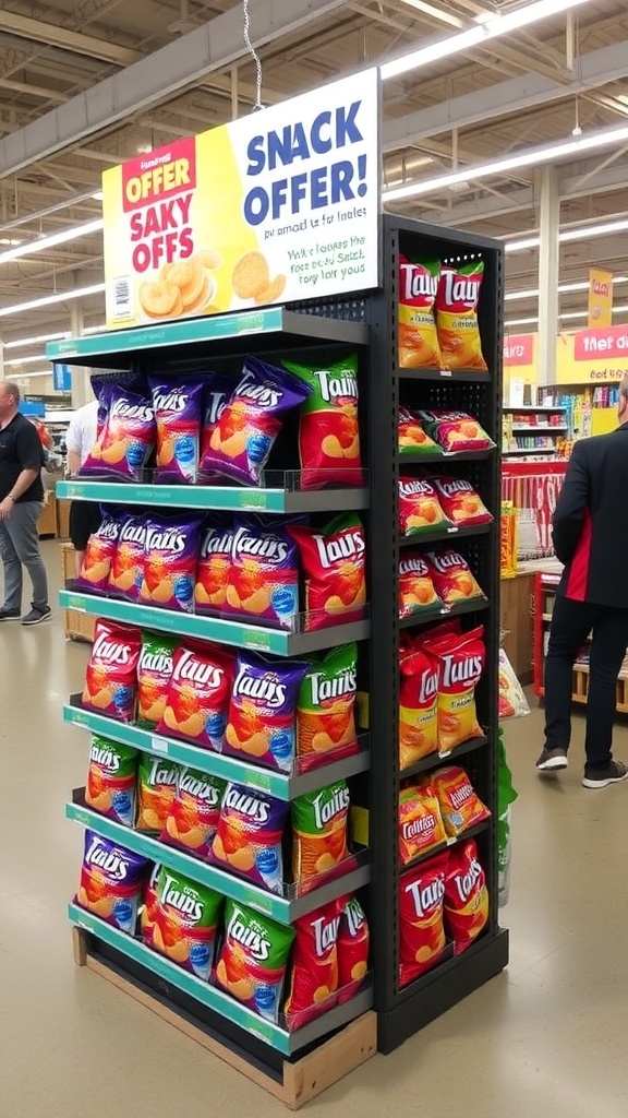 A vibrant chips rack display in a retail setting, showcasing various snack chips with promotional signage.